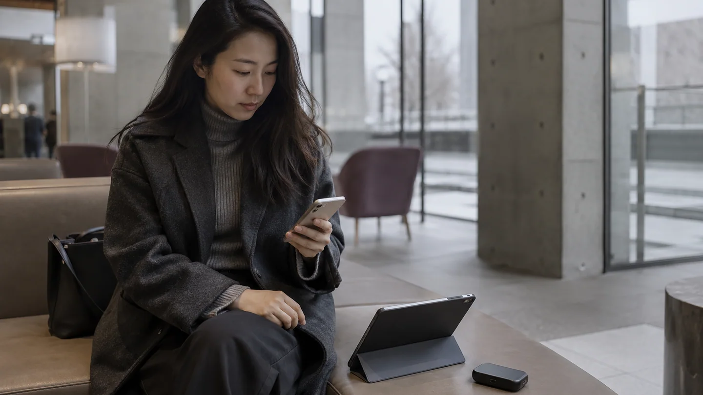 现代城市建筑休息区中使用手机的成年人