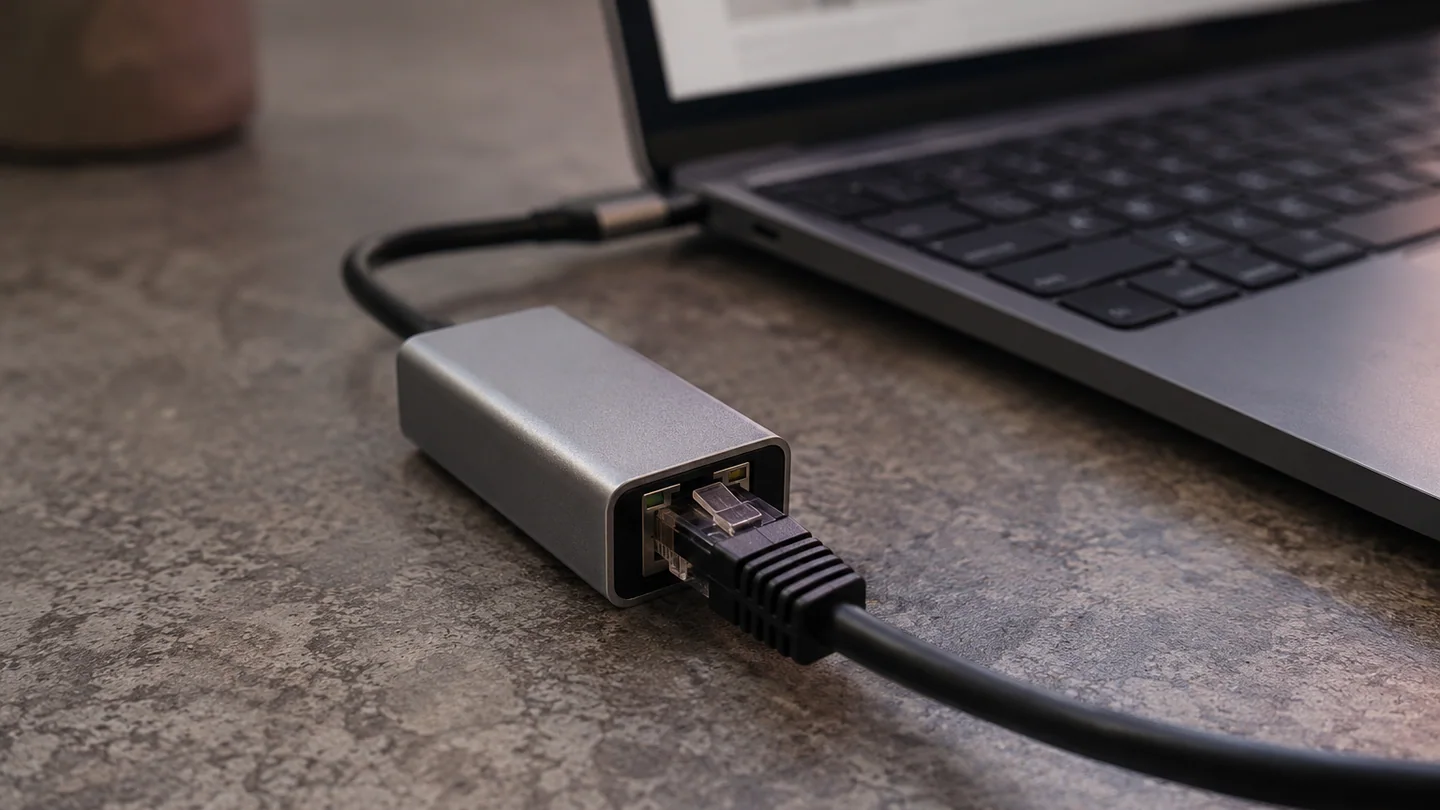 RJ45短网线接入USB-C网络适配器的近距离画面
