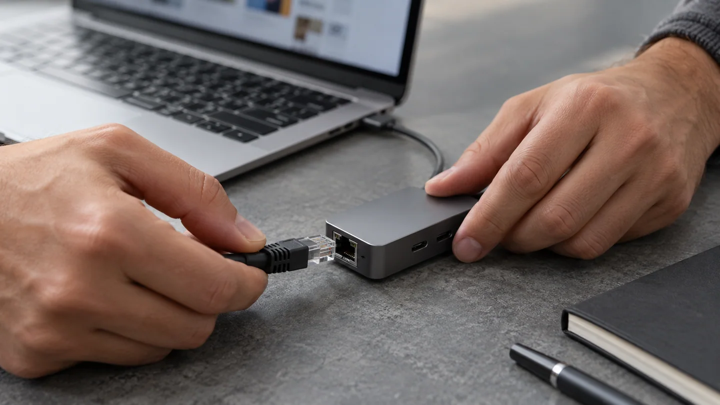 手将短网线连接到笔记本旁的USB-C网口扩展坞